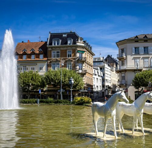 Fountain in a pond in Baden-Baden, Baden-Wurttemberg, Germany