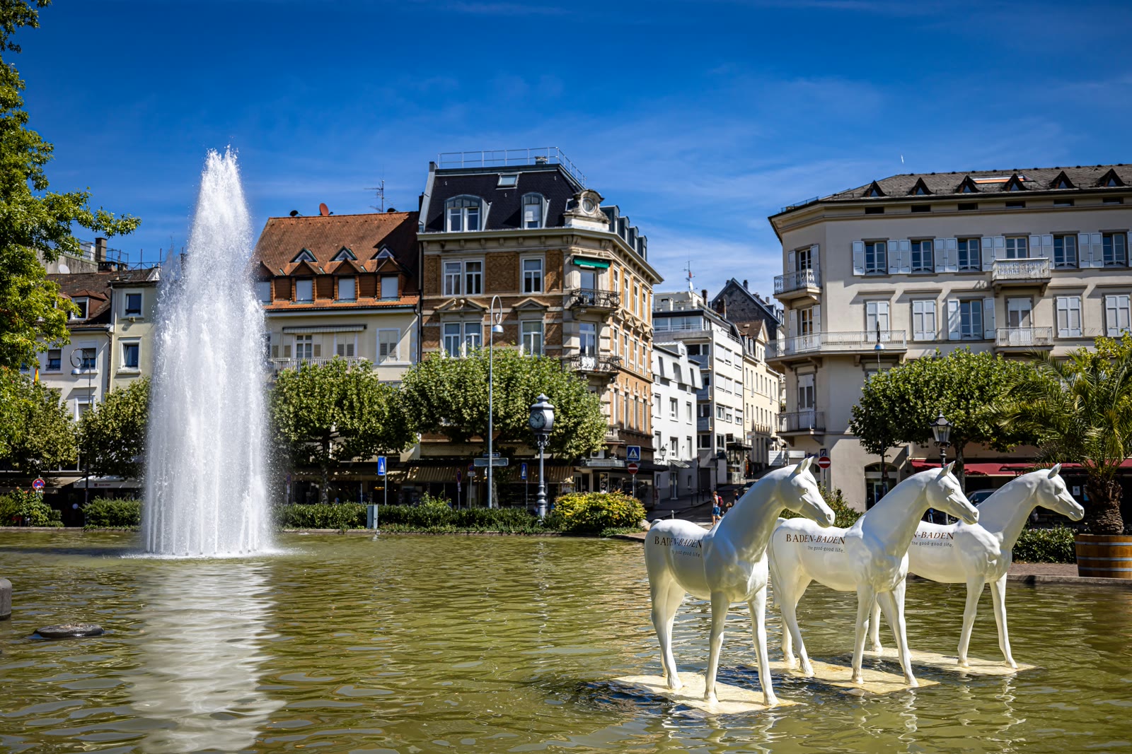 Fountain in a pond in Baden-Baden, Baden-Wurttemberg, Germany