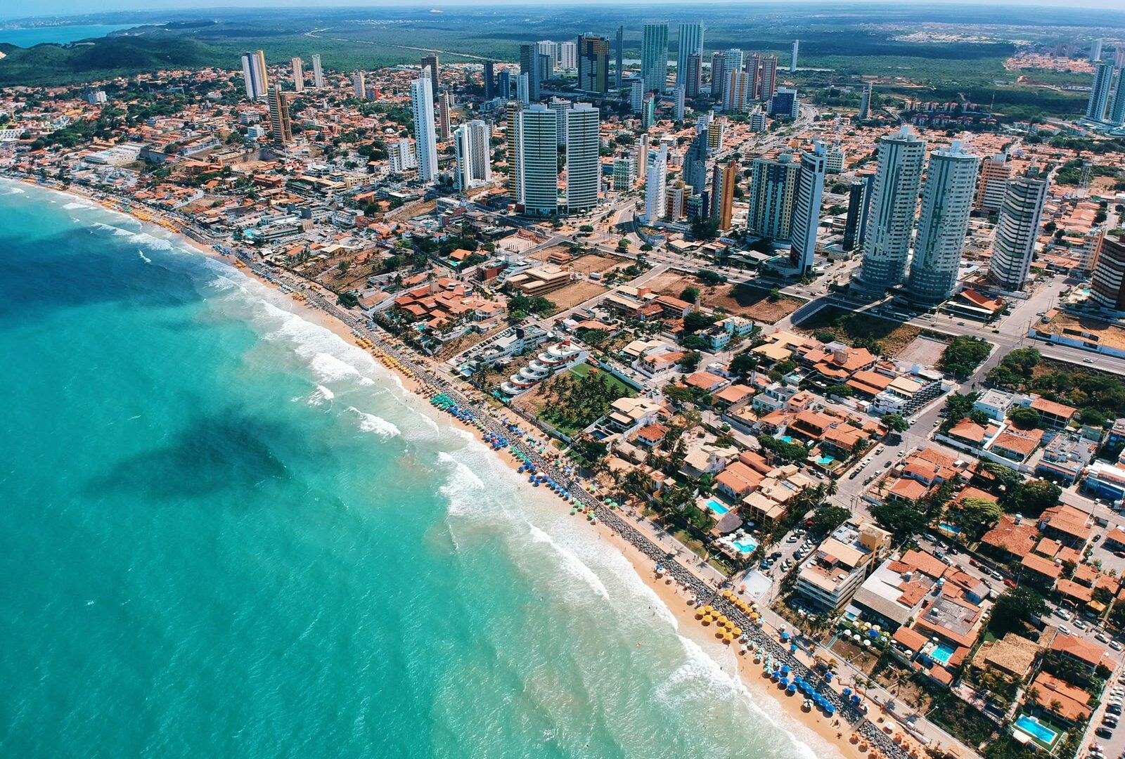 Aerial view of city buildings near the coast in Natal, Rio Grande do Norte, Brazil