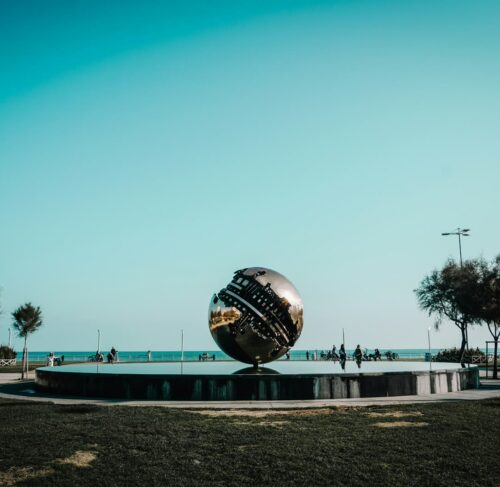 Sculpture in a park near the ocean in Pesaro, Marche, Italy