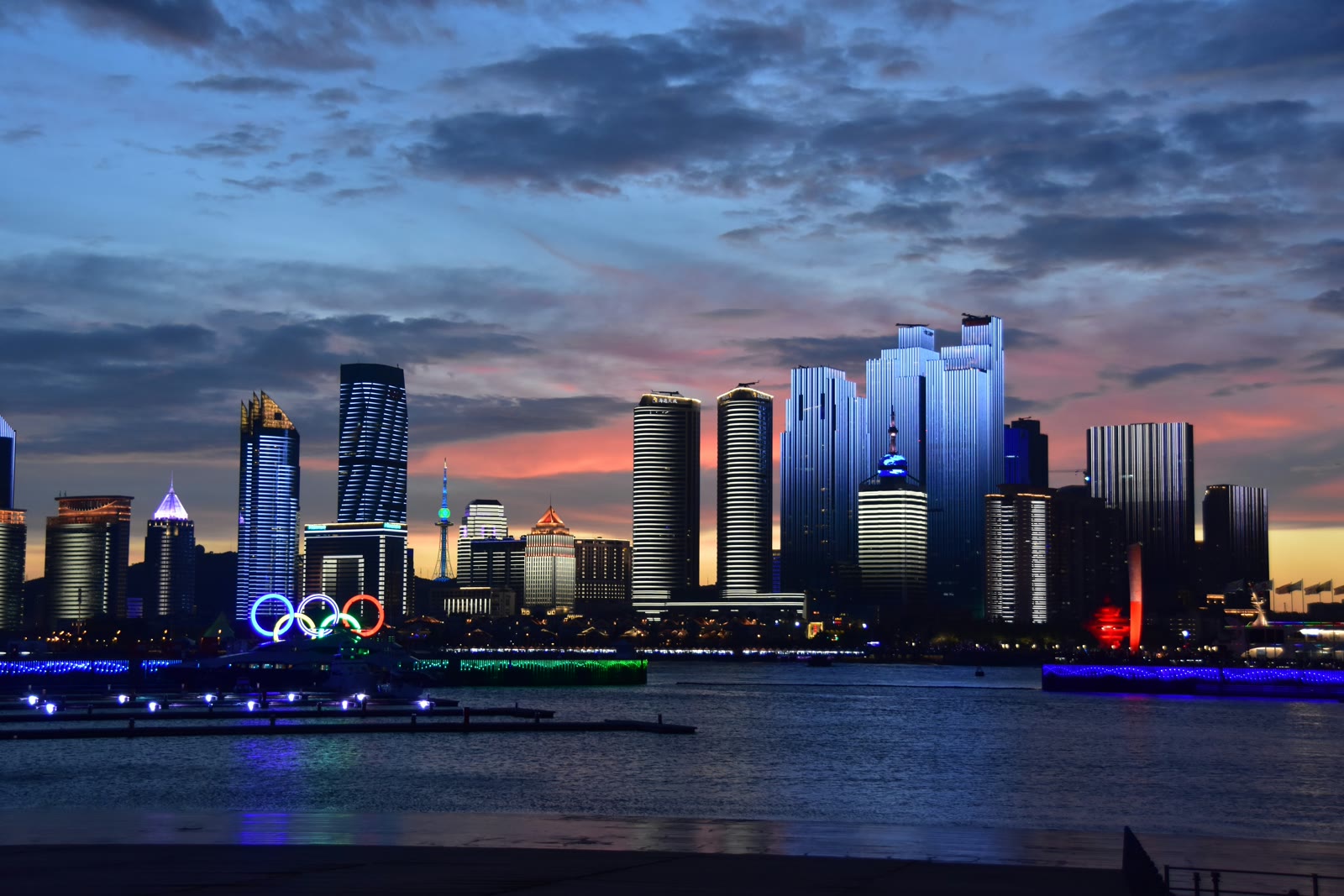 City building landscape at dusk in Qingdao, Shandong, China