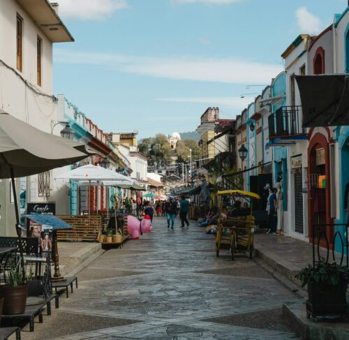 People walking on a street in San Cristobal de las Casas, Chiapas, Mexico