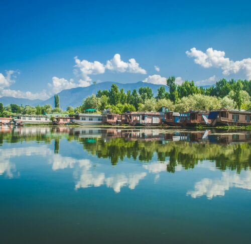 Wooden houses near water under blue sky in Srinagar, Jammu and Kashmir, India