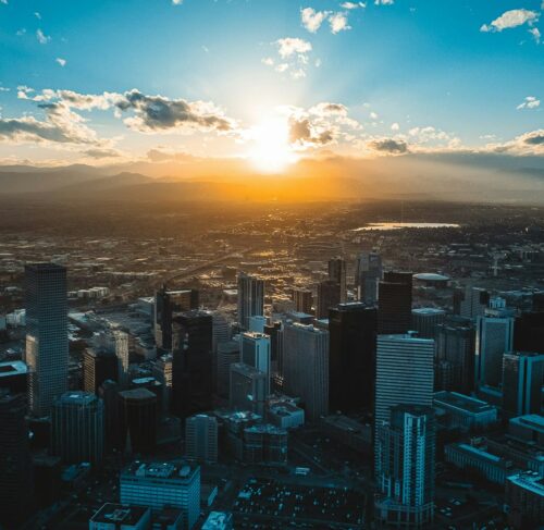 Sunset over a large city in Denver, Colorado, United States