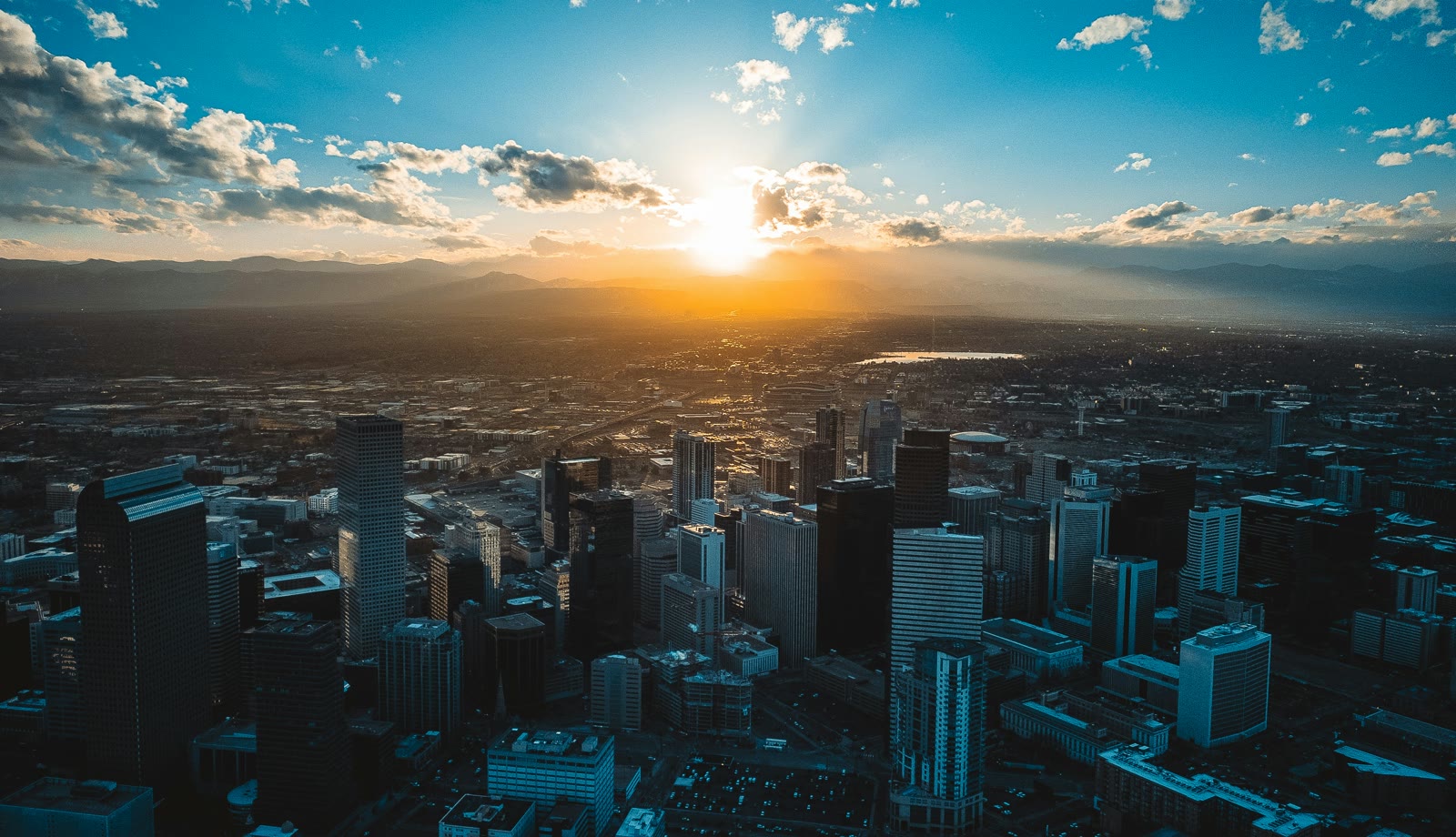 Sunset over a large city in Denver, Colorado, United States