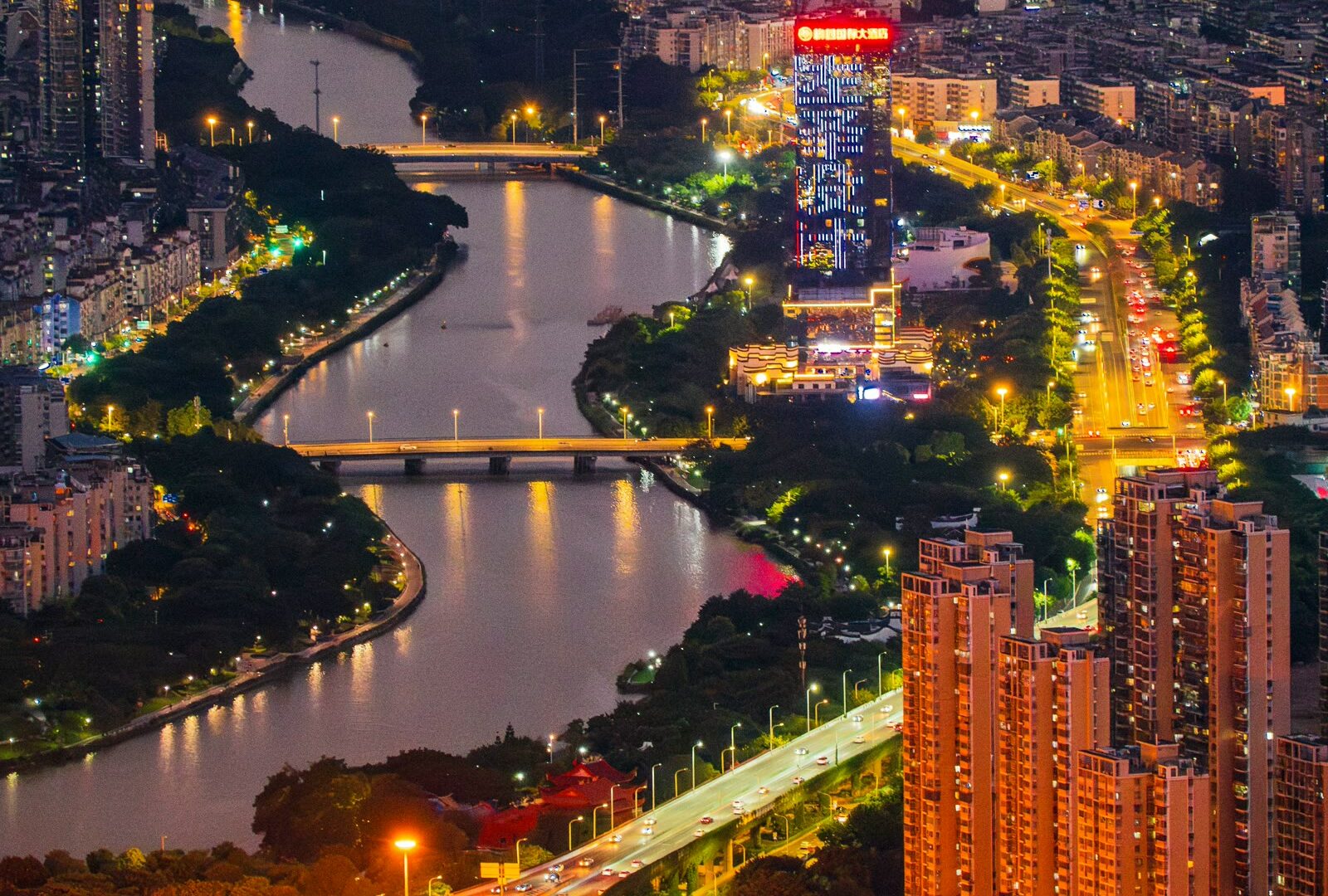 Aerial view of the city at night in Fuzhou, Fujian, China