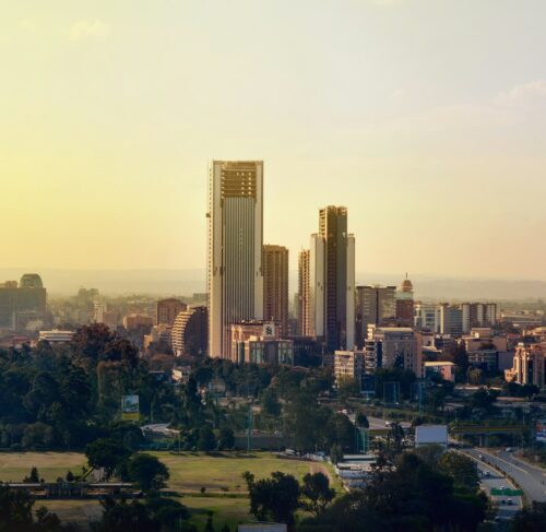 City skyline under white sky in Nairobi, Kenya