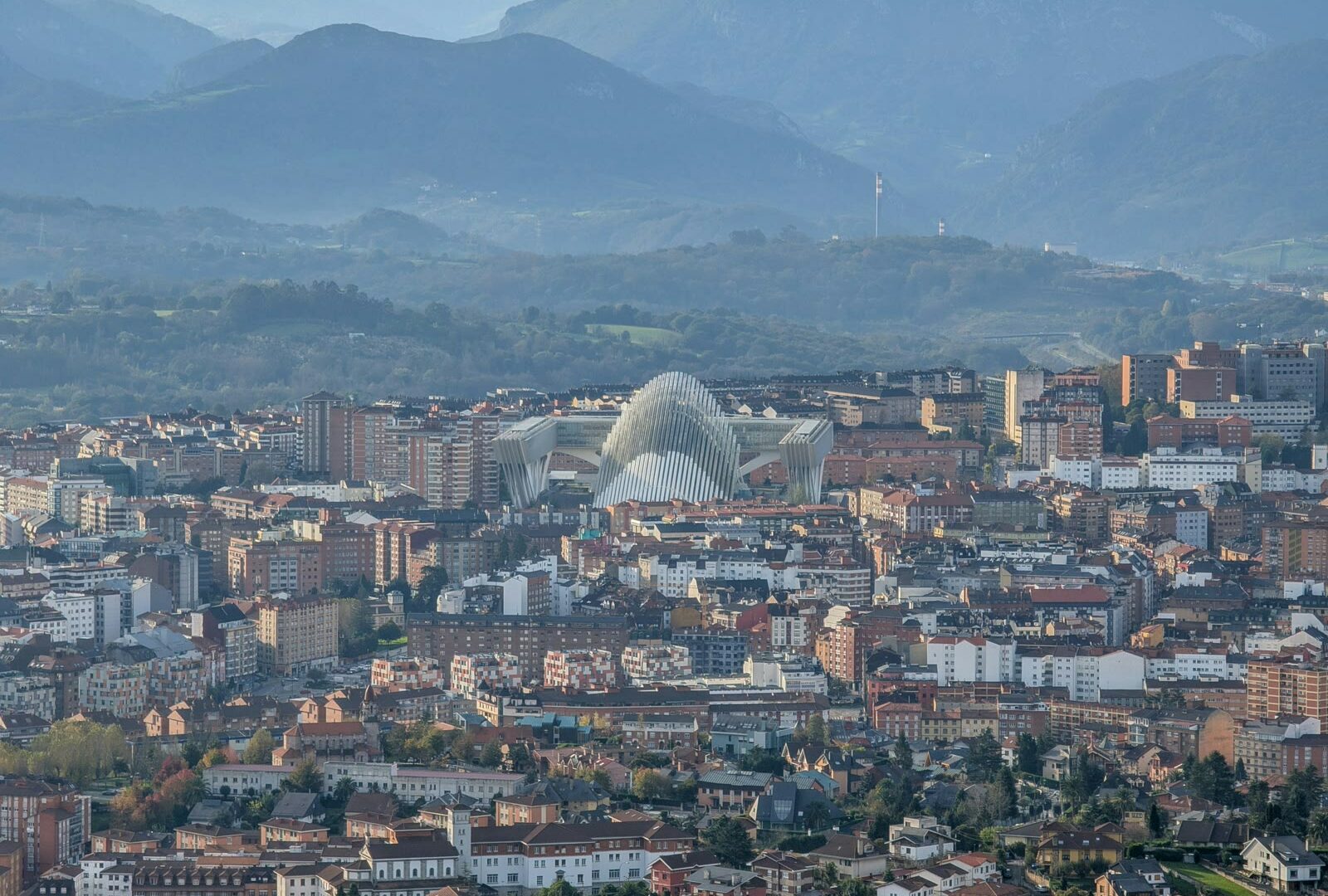 View of a city with mountains in the background in Oviedo, Asturias, Spain