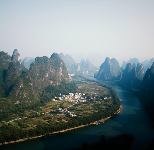 Mountain near water in Yangshuo, Guangxi, China