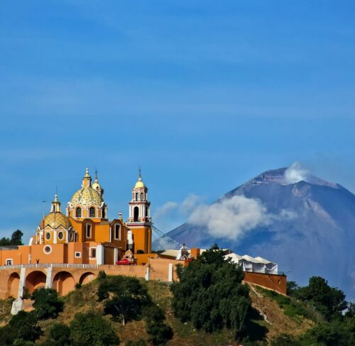 Great Pyramid of Cholula on a hill with church, Puebla, Mexico
