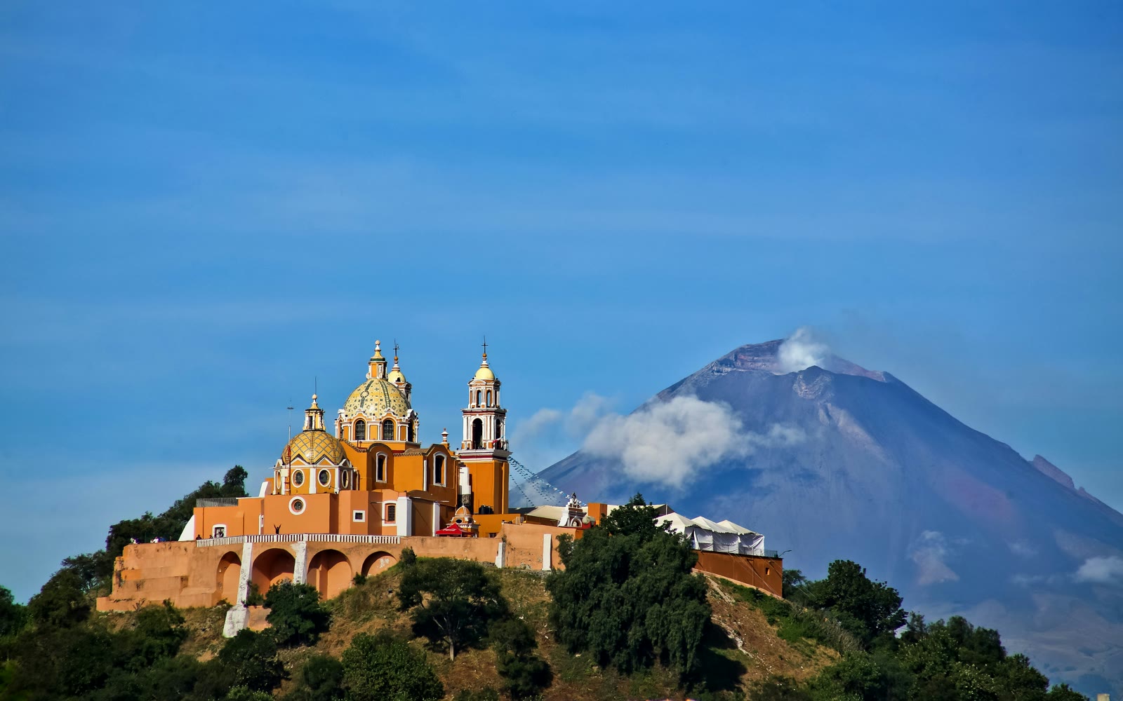Great Pyramid of Cholula on a hill with church, Puebla, Mexico