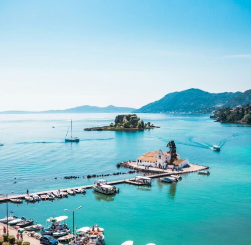 Boats moored at the harbor in Corfu, Ionian Islands, Greece