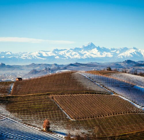 Snow-capped mountain range seen from a rooftop in Cuneo, Piedmont, Italy