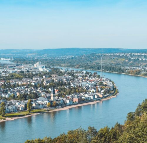 City beside the Rhine and Moselle rivers in Koblenz, Rhineland-Palatinate, Germany