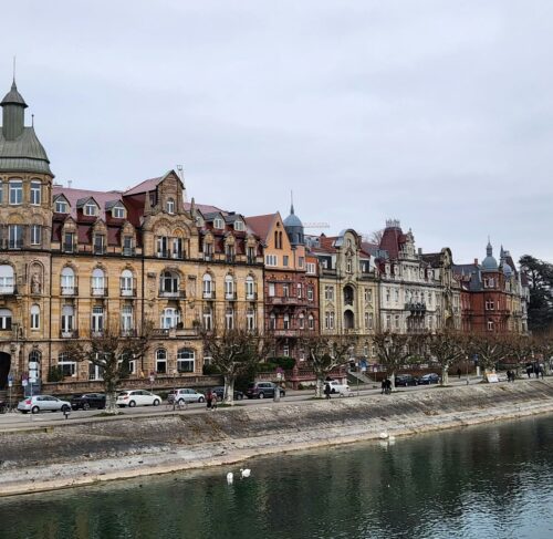Row of buildings along Lake Constance in Konstanz, Baden-Württemberg, Germany