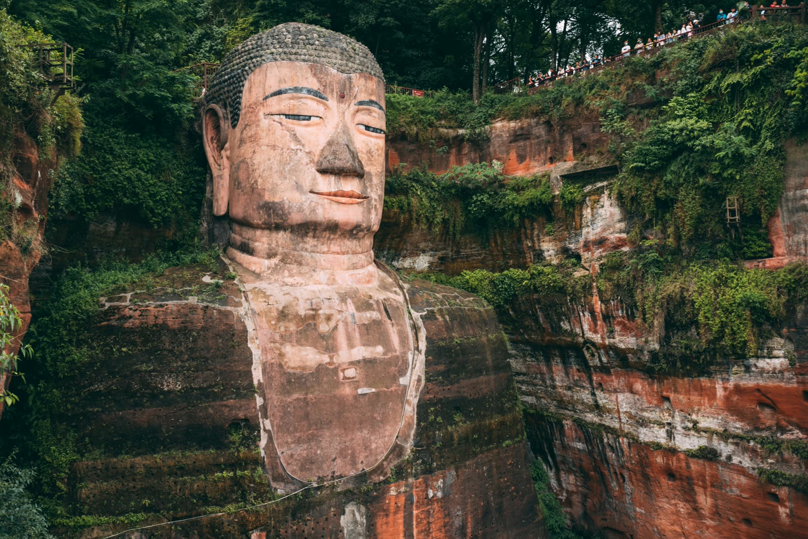 Giant Buddha statue near green trees in Leshan, Sichuan, China