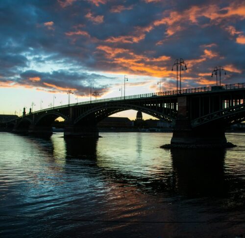 Concrete bridge over the Rhine at sunset in Mainz, Rhineland-Palatinate, Germany