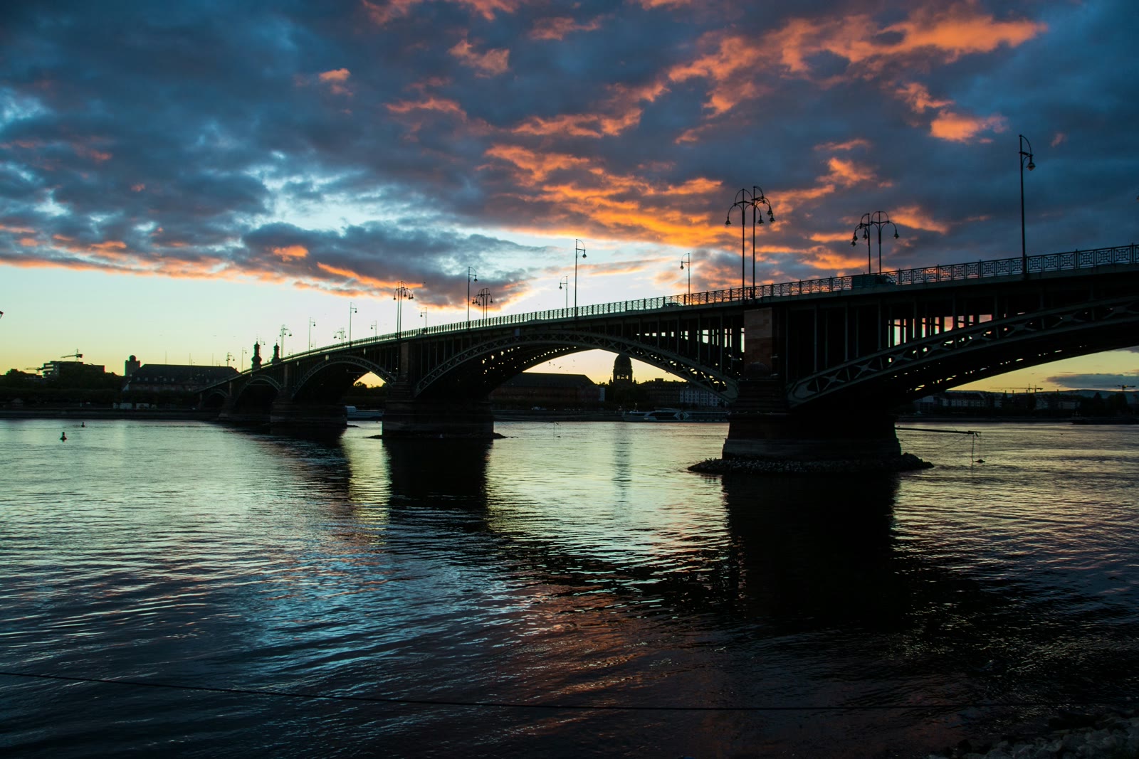 Concrete bridge over the Rhine at sunset in Mainz, Rhineland-Palatinate, Germany