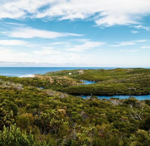 Panoramic view of a body of water surrounded by trees in Margaret River, Western Australia, Australia