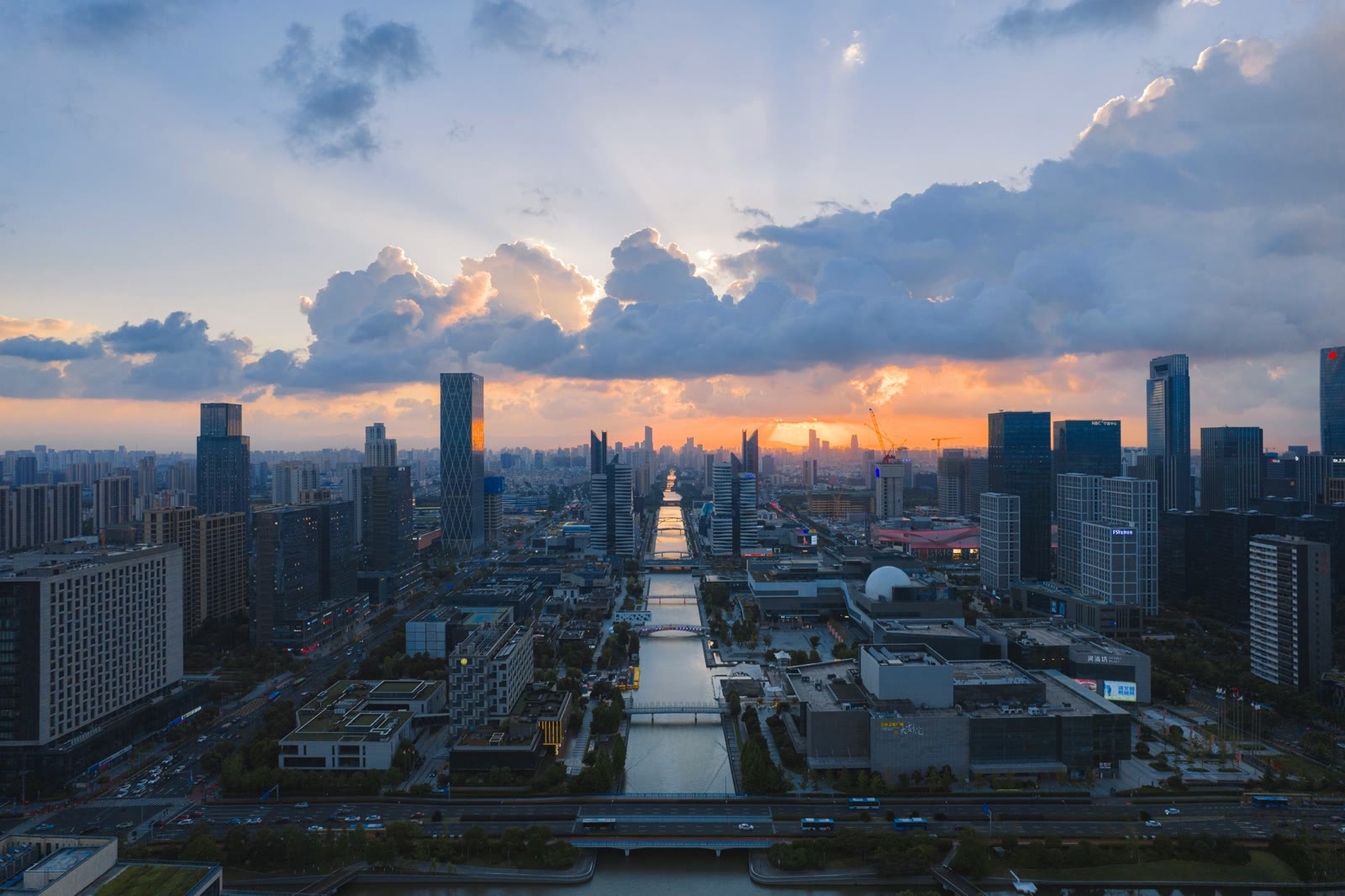 City with a river running through it in Ningbo, Zhejiang, China
