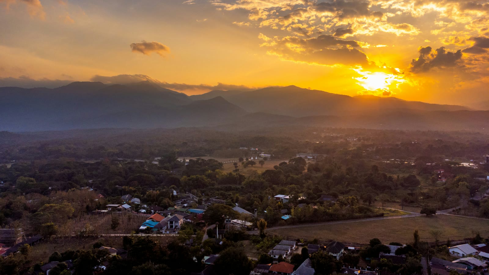 Sunset over the small town of Pai, Chiang Mai, Thailand