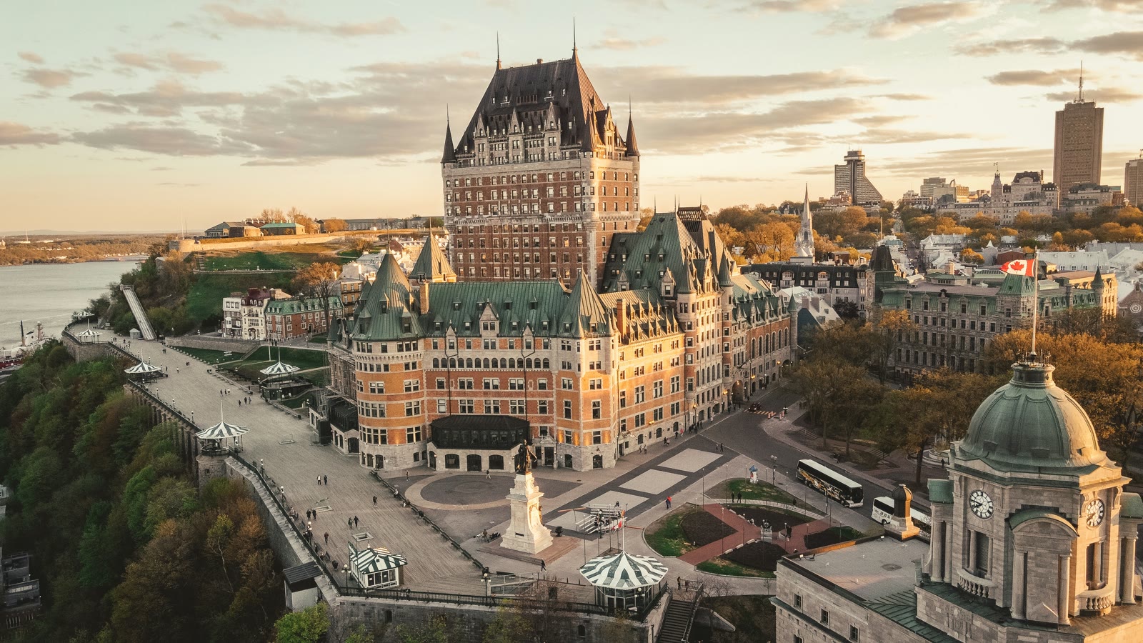 Aerial view of the Château Frontenac with clock tower in Quebec City, Canada