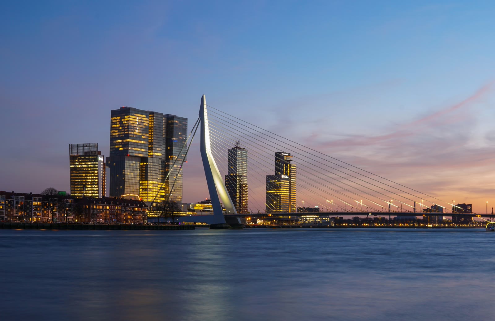 City skyline under the night sky in Rotterdam, South Holland, Netherlands