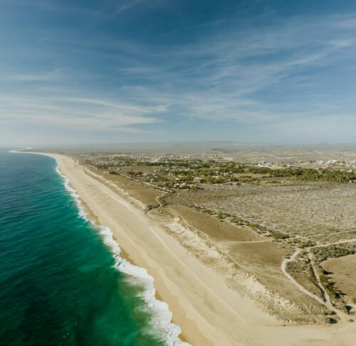 Aerial view of beach and ocean in Todos Santos, Baja California Sur, Mexico