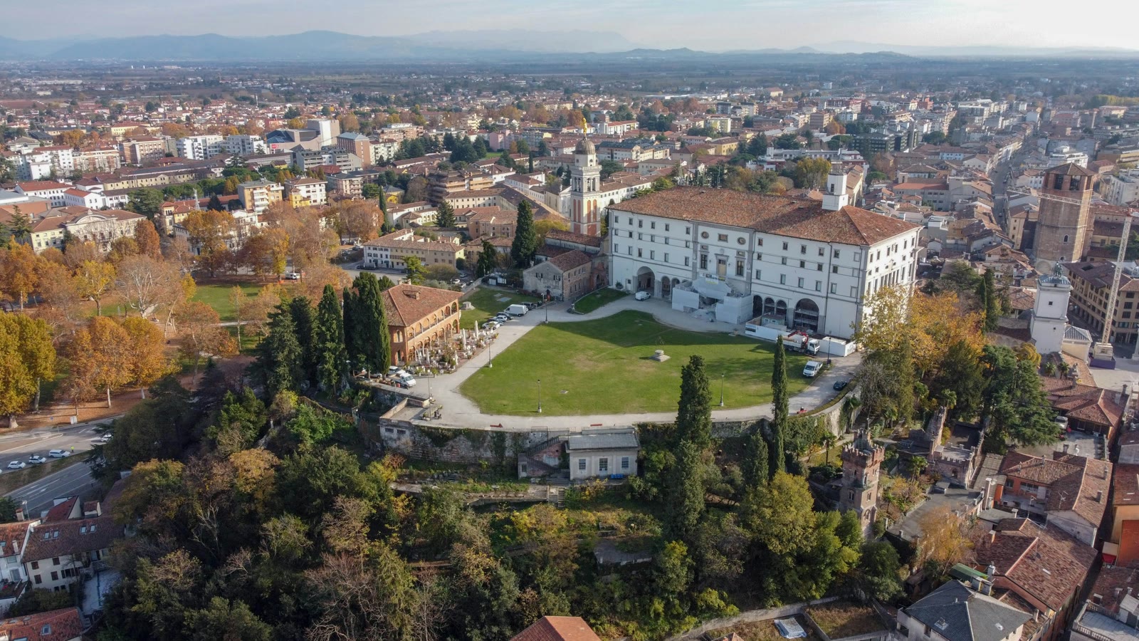 Aerial daytime view of Udine with rooftops and streets, Friuli-Venezia Giulia, Italy